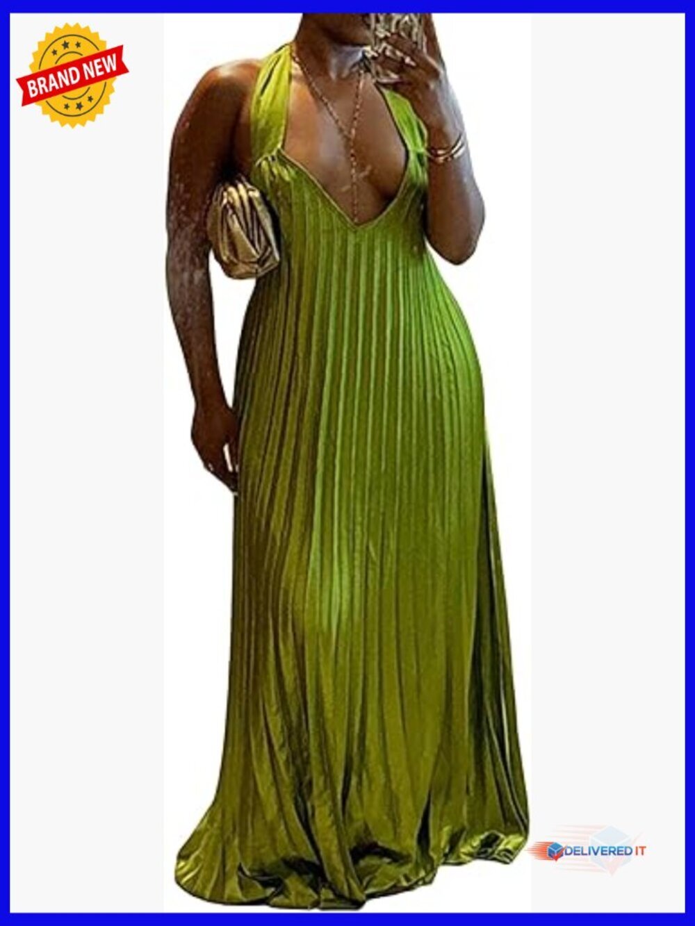 Maxi Dress Halter Neck Sleeveless Pleated Flowy Swing Formal Casual Wear
